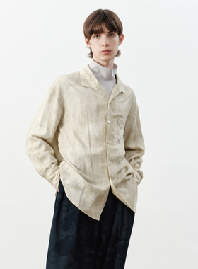 GRAINMUSTARD 天丝混纺米灰色晕染印花衬衫休闲古巴领长袖衬衣