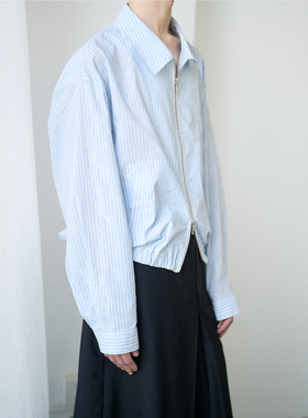 GRAINMUSTARD 条纹提花色织短款休闲长袖衬衫宽松双开头拉链上衣