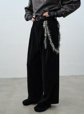 GRAINMUSTARD 拉毛酵洗加厚直筒毛毛裤宽松高腰秋冬黑色休闲长裤