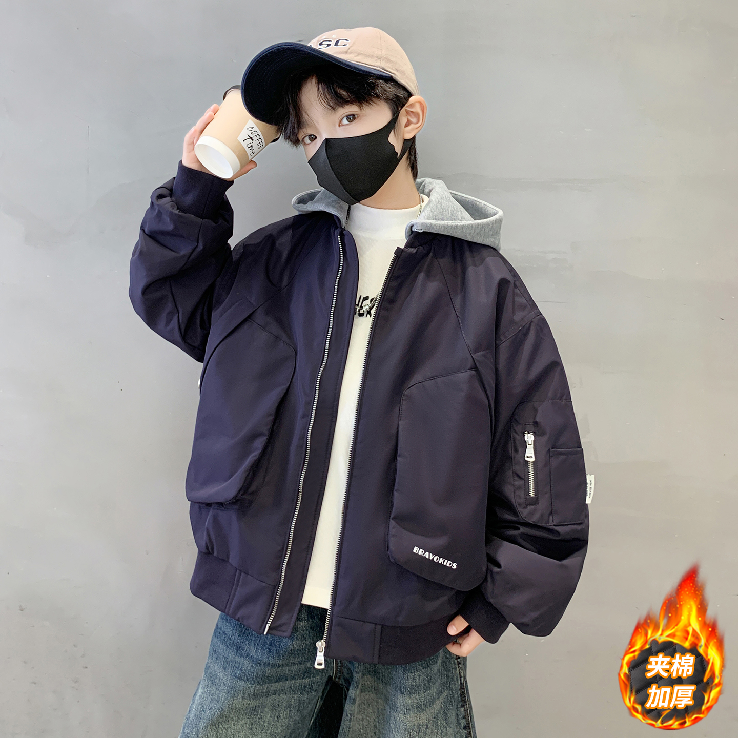 男童秋冬连帽加棉工装外套男孩厚