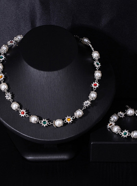 波西米亚彩色宝石超闪水钻小太阳项链手链套装潮酷个性锁骨链手串