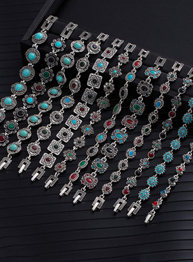 绿色民族风松石彩钻花朵优雅红宝石手链复古高级感冷淡风异域手串