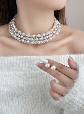 法式浪漫多层珍珠闪钻短款项链小众复古轻奢气质锁骨链晚礼服配饰