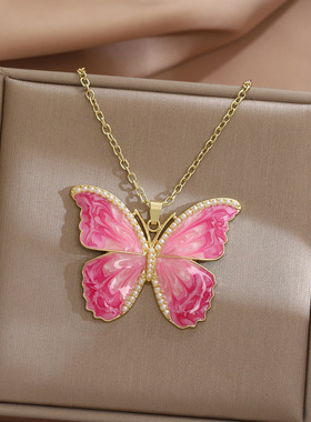 森系蝴蝶珍珠项链女超仙气渐变色锁骨链简单复古优雅汉服精致项圈