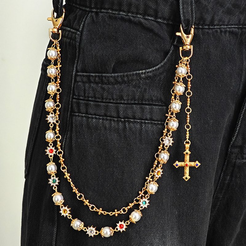 欧美跨境设计彩钻爱心珍珠裤链波西米亚潮流嘻哈十字架牛仔裤腰链
