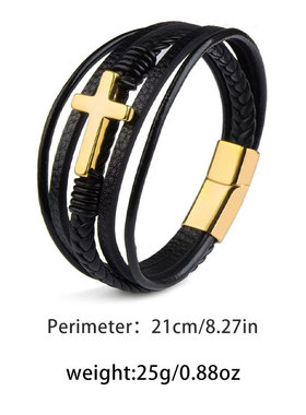 朋克十字设计超酷皮革手链男多层手工编织绳磁吸铁扣手镯情侣手环