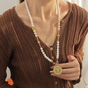 古法圆盘徽章多宝项链民族风珍珠毛衣链新中式长款宫廷风汉服配饰