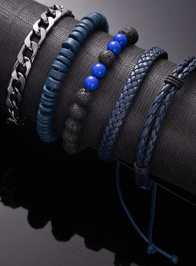 欧美跨境可调节创意叠戴5件套编织手串手绳男多层皮革手链手饰品