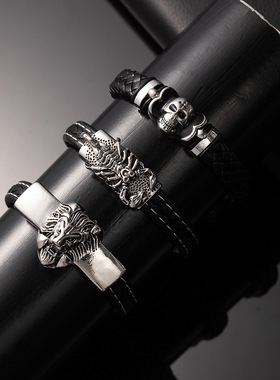 高档皮质男士手环跨境爆款朋克风皮革嘻哈手链潮酷霸气虎头手饰女