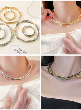 多层缠绕麻花项链欧美跨境三线蛇骨项圈轻奢高级金属朋克嘻哈项链