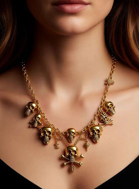 跨境夸张骷髅头吊坠项链个性欧美暗黑复古海盗鬼头项饰朋克毛衣链