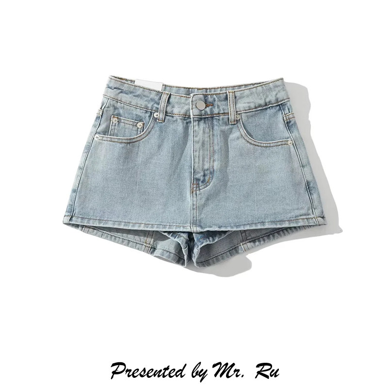 包邮美式复古前裙后裤裙裤夏季新品时尚百搭蓝色显腿长大口袋短裙