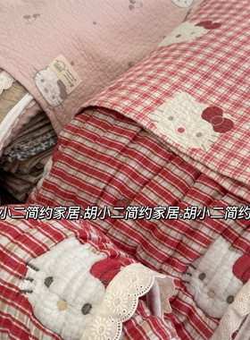 卡通可爱小猫咪全棉四层纱布床盖三件套纯棉加厚纱布床单四季通用