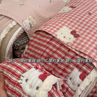 卡通可爱小猫咪全棉四层纱布床盖三件套纯棉加厚纱布床单四季通用