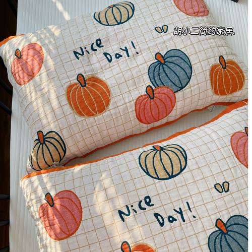 可爱小南瓜吸汗透气四层纱布枕巾
