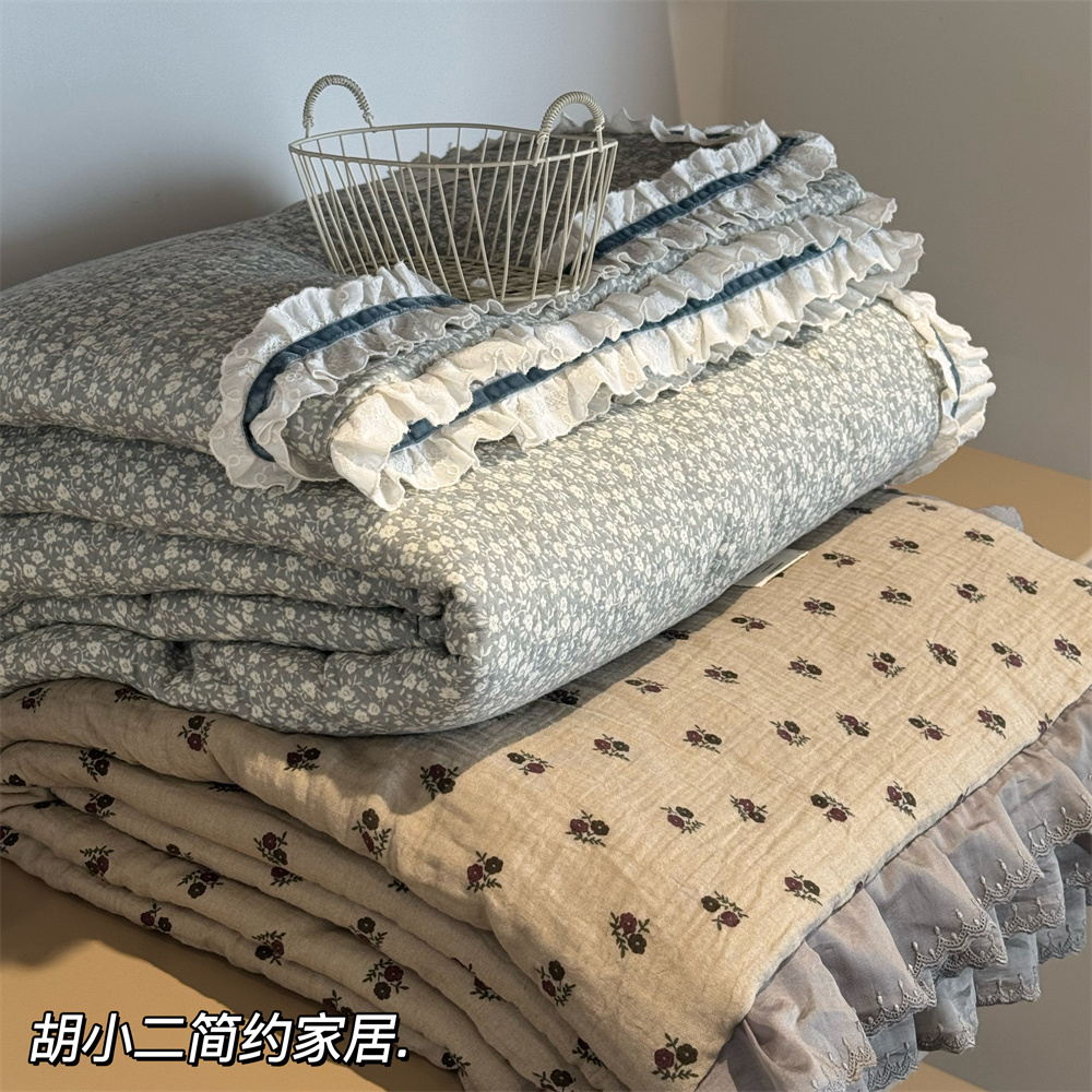 法式复古小碎花全棉双层纱夏凉被纯棉花边款空调被可机洗双人薄被