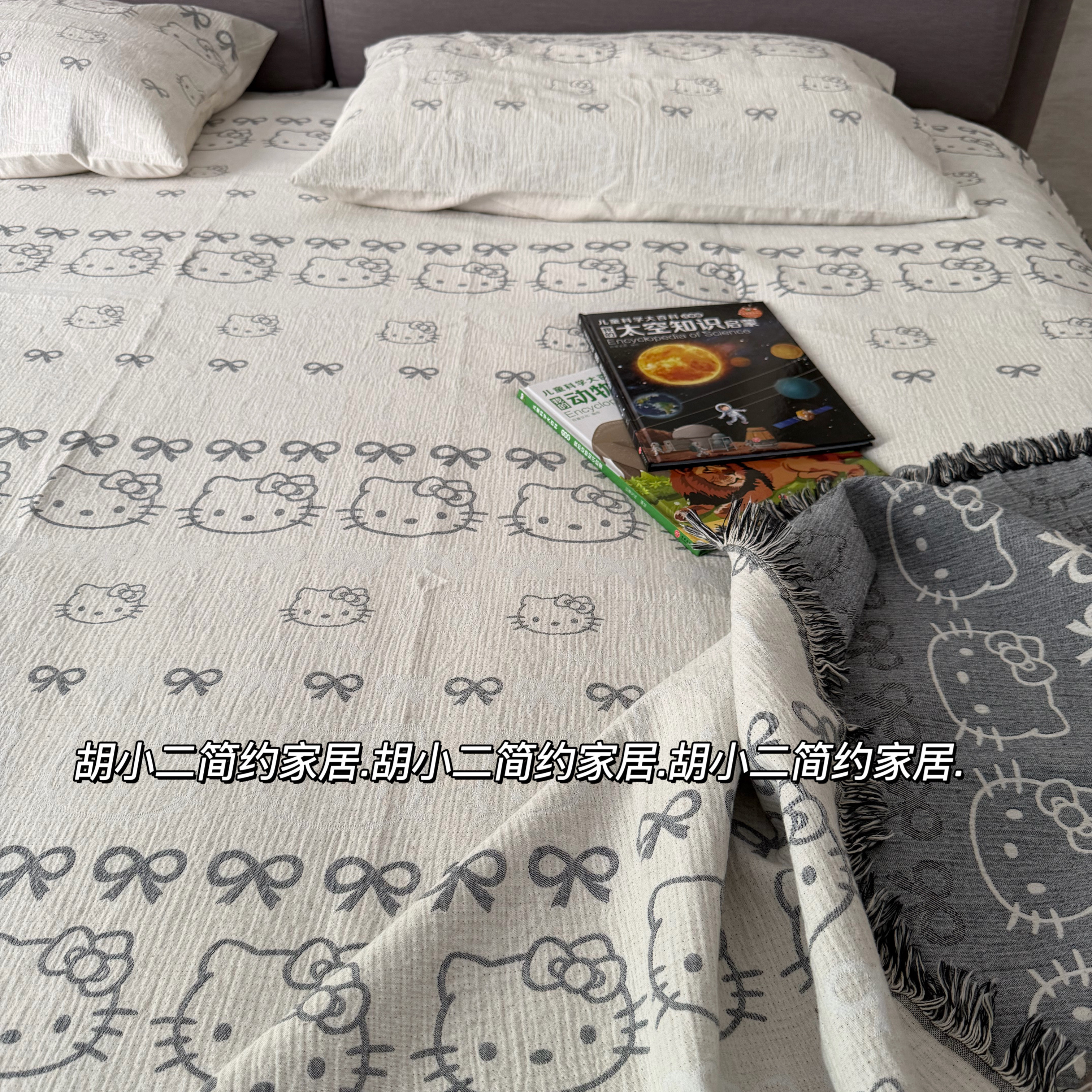 可爱KT猫咪四层纱布棉麻床盖三件套干爽舒适亚麻加厚床单四季通用