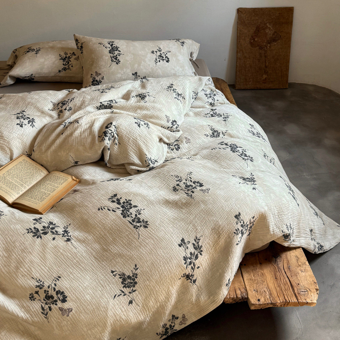 复古花卉全棉皱皱纱四件套纯棉双层纱小碎花系带被套双人床上用品