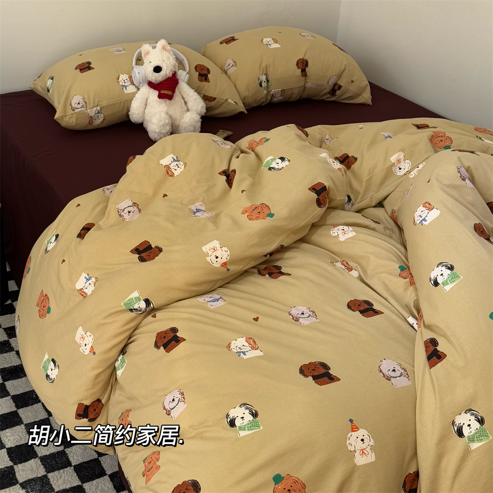 卡通可爱小狗全棉针织棉四件套柔软可裸睡天竺棉床单被套床上用品