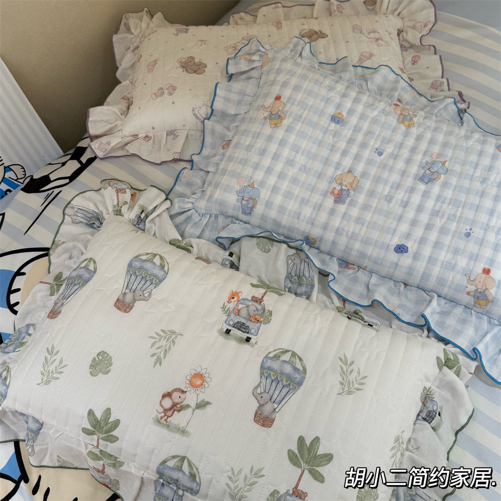 卡通儿童全棉双层纱荷叶边枕套绗缝夹棉加厚幼儿园宝宝枕头套单只