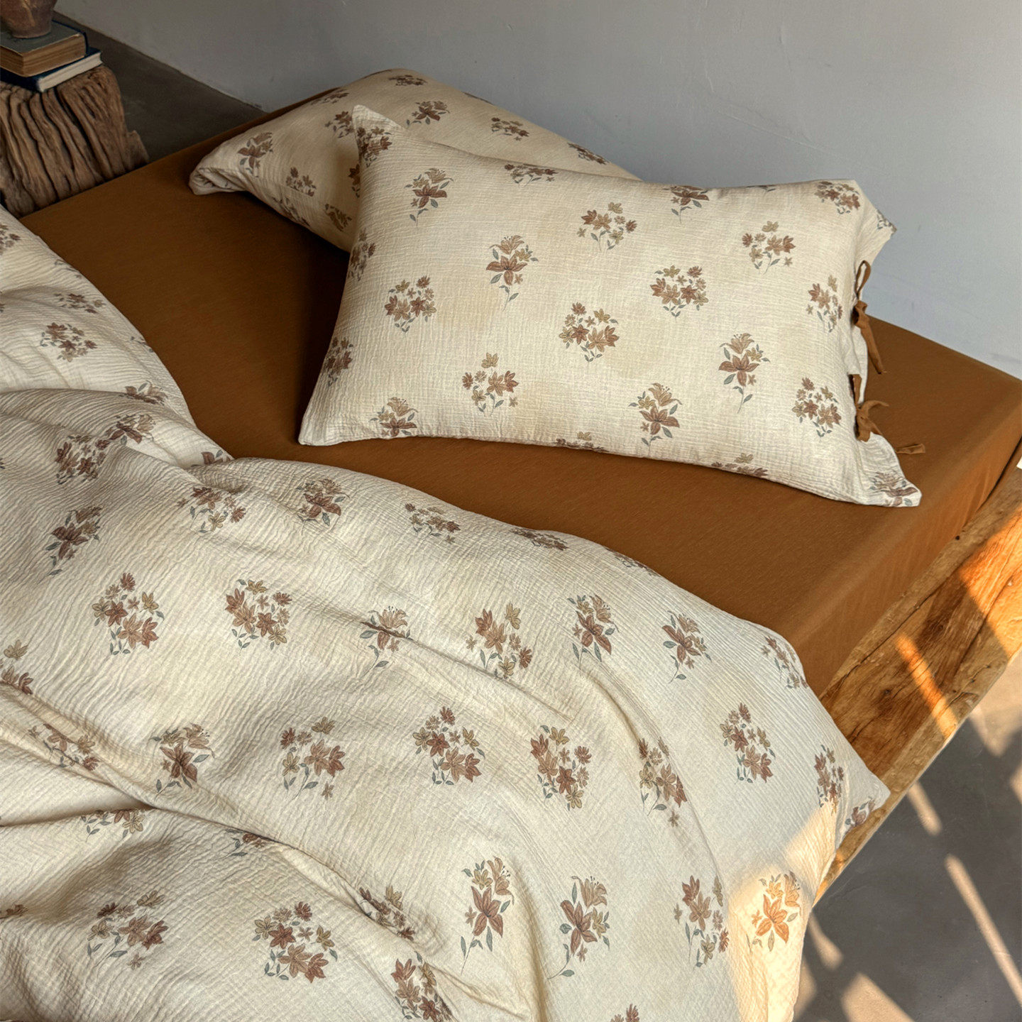 复古小碎花全棉皱皱双层纱四件套纯棉纱布系带款被套双人床上用品