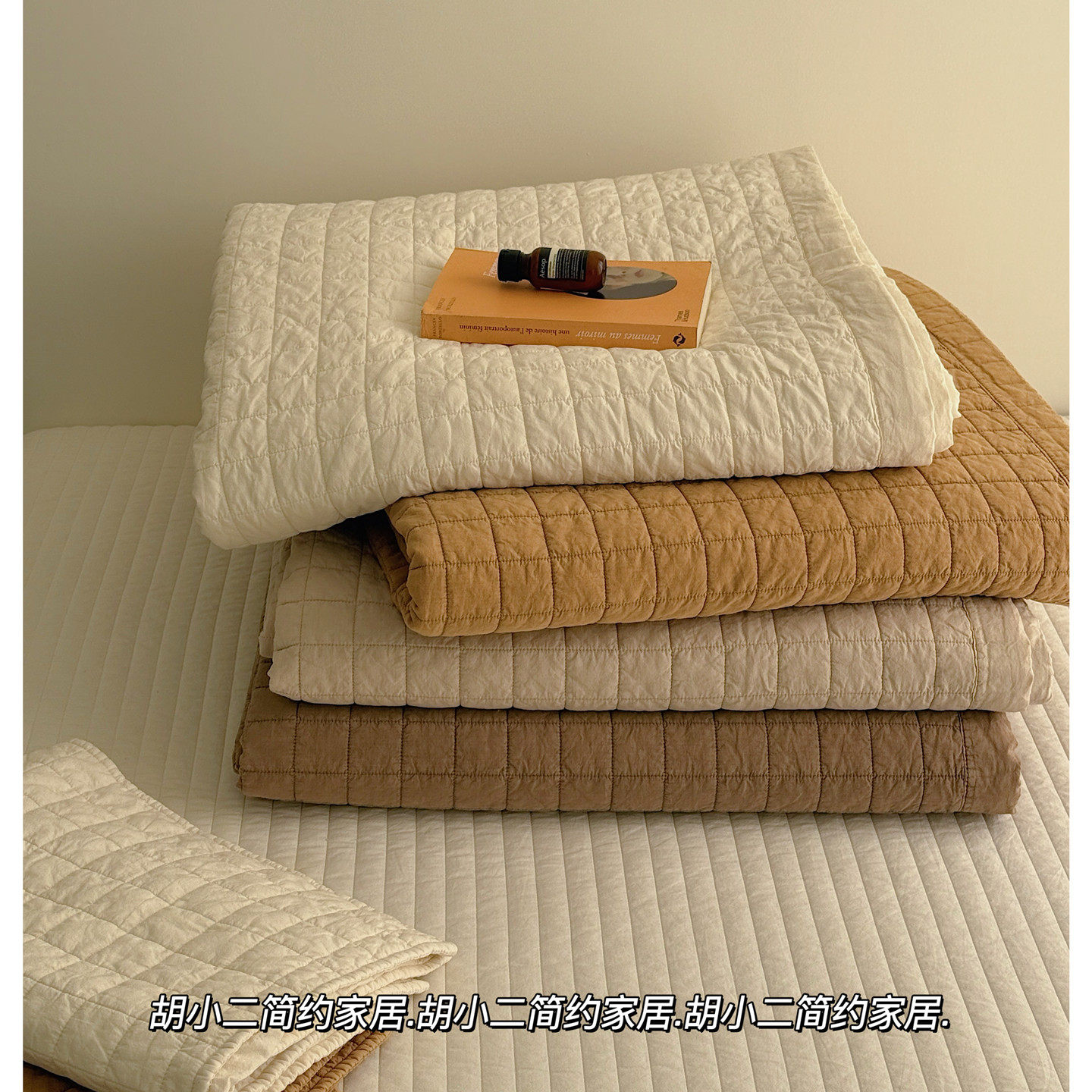 韩式简约ins全棉砂洗小方块床盖三件套 绗缝夹棉加厚纯棉床单防滑