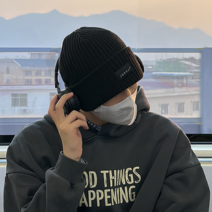 坚定Jodhat毛线帽子男士黑色百搭布标针织帽保暖秋冬季大头围冷帽