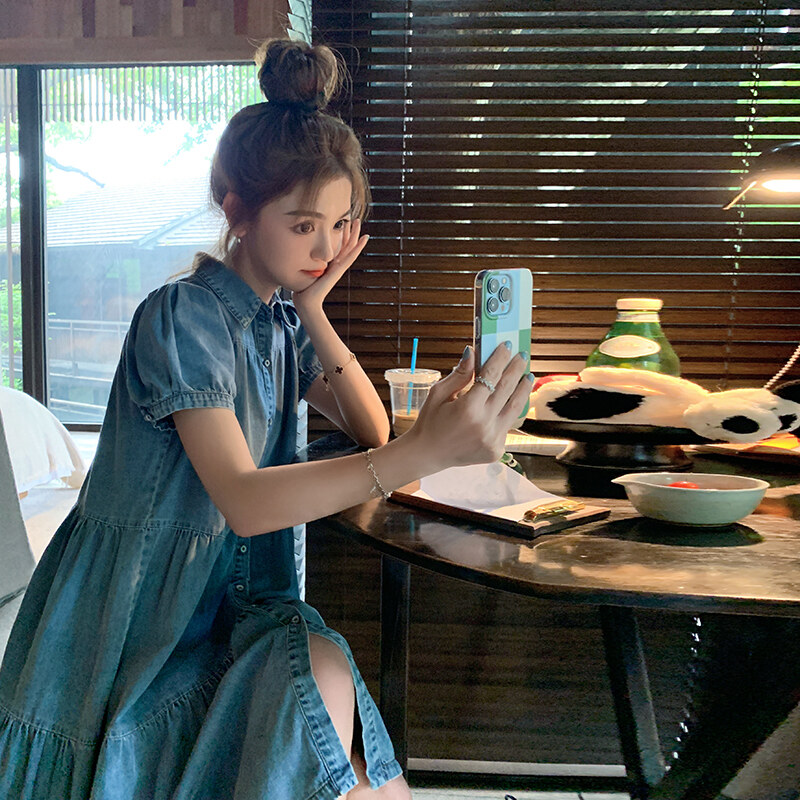 夏季短袖牛仔连衣裙女拼接2024新款甜美港风泡泡袖高腰小众裙子,女装连衣裙,素依格格