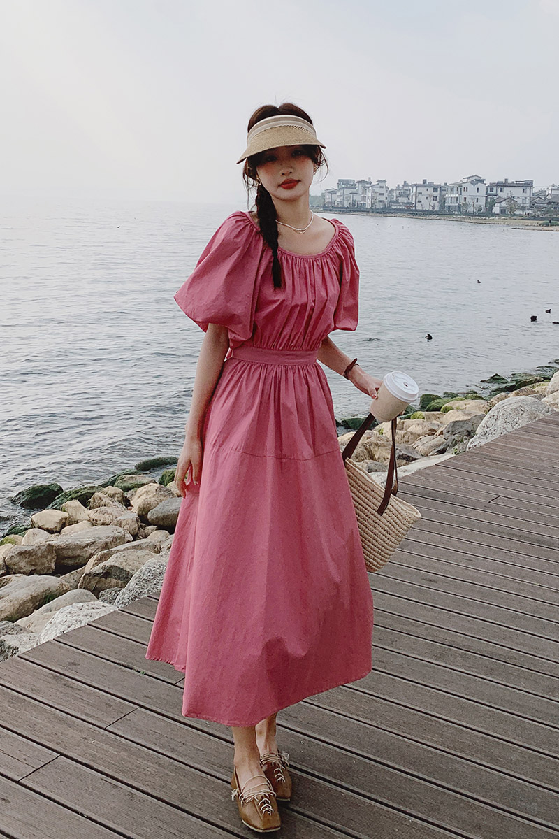 玫红色连衣裙女夏季2025新款后背露腰设计感气质显瘦桔梗法式长裙,女装连衣裙,素依格格