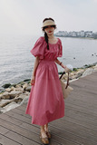 玫红色连衣裙女夏季2025新款后背露腰设计感气质显瘦桔梗法式长裙，女装连衣裙，素依格格