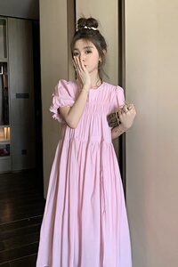 粉色长款连衣裙女2025春季新款学院风褶皱高级感甜美宽松显瘦裙子图片