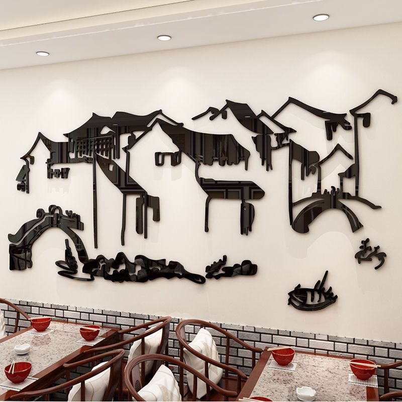 古镇贴纸创意饭店餐馆墙面装饰墙贴亚克力3d立体餐饮店铺墙上贴画图片