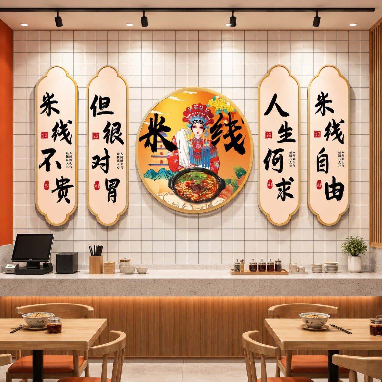 网红打卡米线店墙面装饰画国潮风餐饮面馆螺蛳粉广告图背景墙贴纸