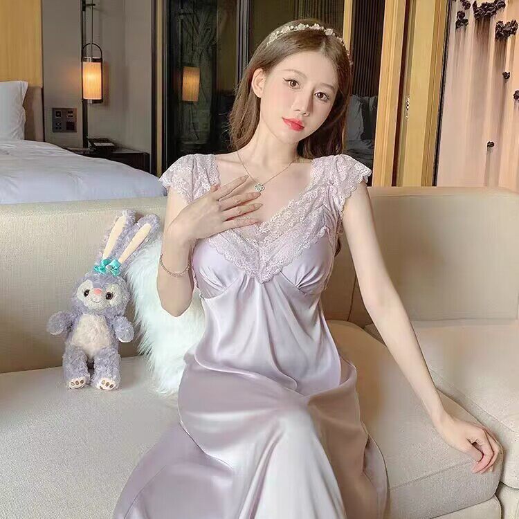 夏季女纯欲高级感新款吊带一字肩睡衣蕾丝中长款带胸垫长款睡裙