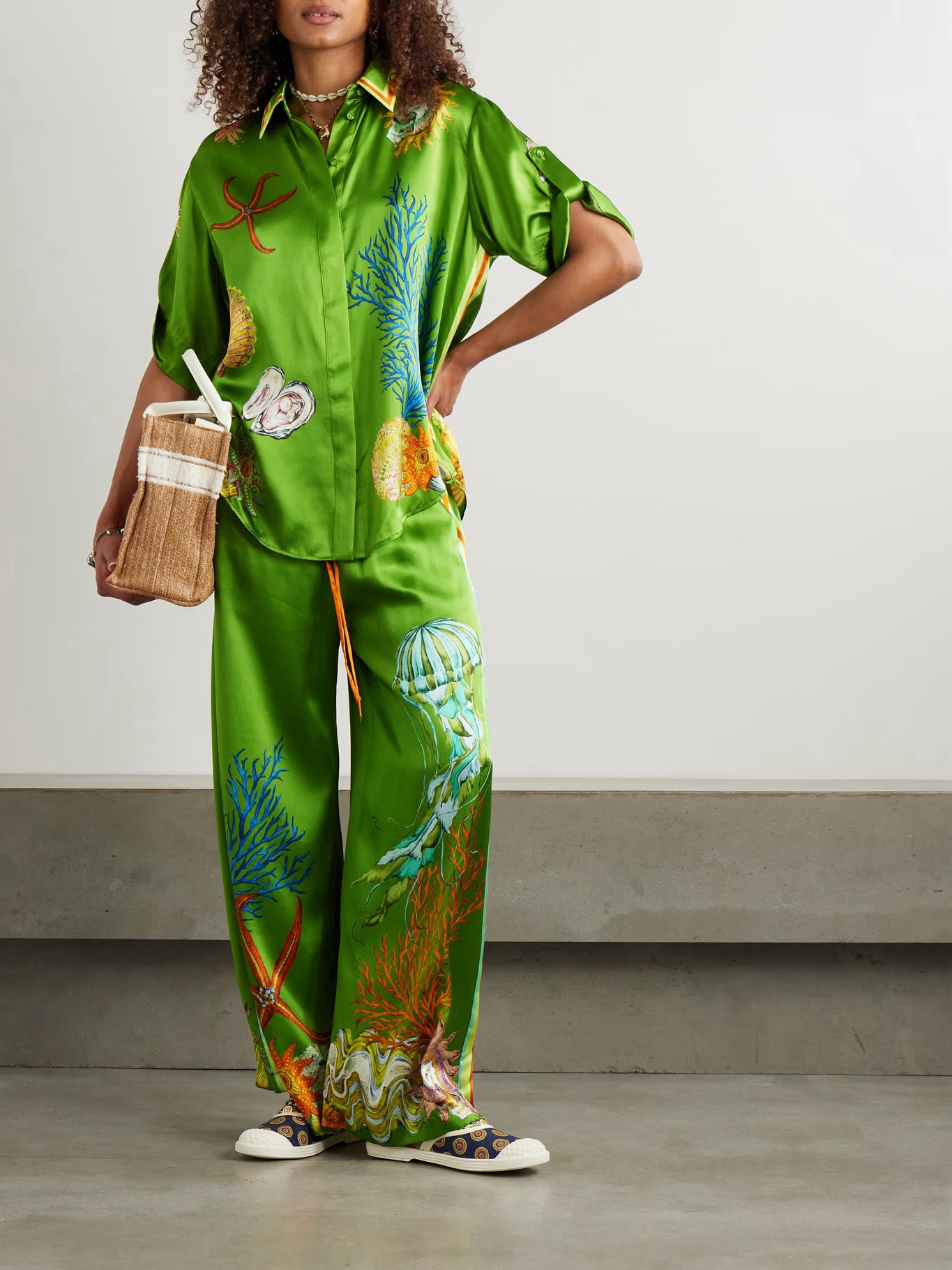 澳洲小众真丝缎面印花短袖衬衫阔腿裤套装2025新款度假两件套