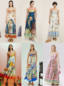 澳洲小众Alema&is夏季新款亚麻涂鸦印花吊带度假气质长款连衣裙女