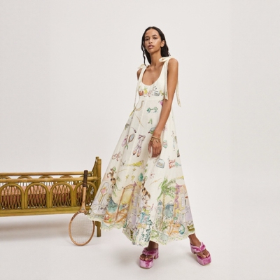 澳洲小众亚麻印花吊带连衣裙