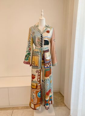 澳洲小众真丝缎面印花衬衫阔腿裤套装2025新款度假休闲百搭两件套