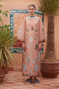 澳洲小众真丝亚麻钉珠开叉印花圆领长袖连衣裙2026新款度假长裙女