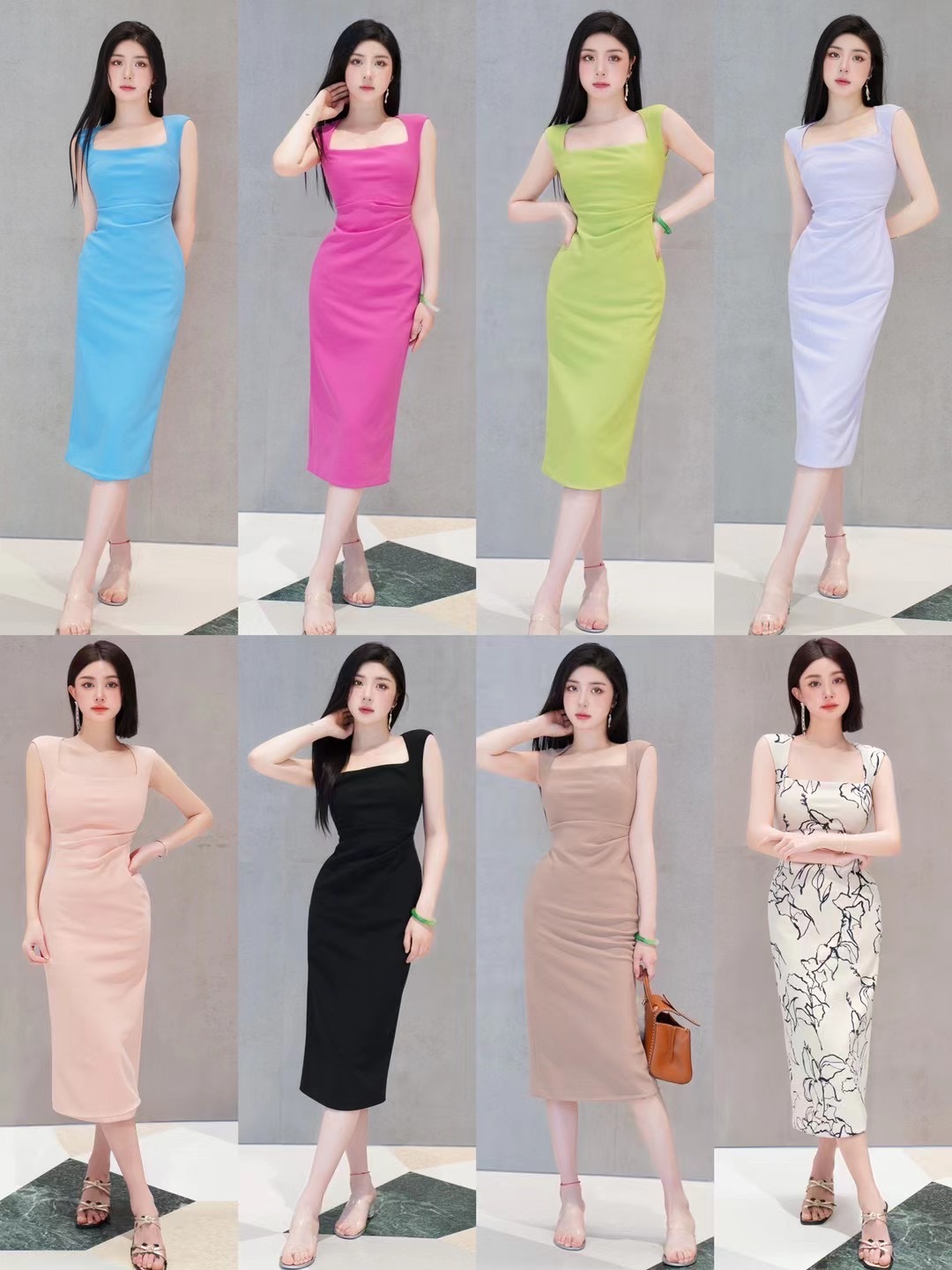 肯豆方领短袖褶皱修身连衣裙