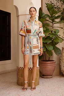 澳洲小众亚麻印花短袖系带收腰衬衫连衣裙2026新款度假休闲短裙女