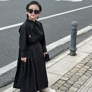 儿童马面裙2023男童百褶裙女童民族风套装宝宝黑色低调奢华长裙