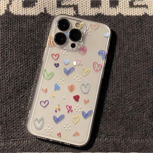 苹果iPhone手机壳透明彩色爱心图案小清新高级感保护套适用苹果17promax/16/15/14plus/13/12mini/11/xr/xs女