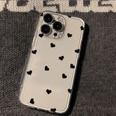 爱心图案手机壳适用于iPhone透明软壳黑心白色保护套文艺苹果17promax 14plus 12mini xs简约