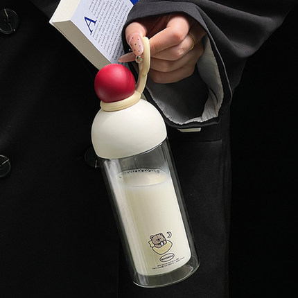 高颜值双层玻璃杯女生大容量便携提手随手杯子学生上学牛奶咖啡杯