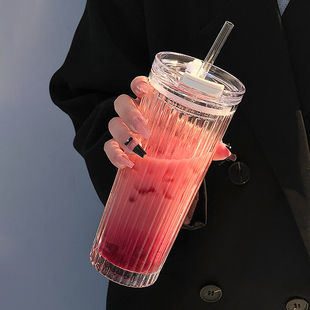 高颜值ins风大容量办公室咖啡杯女家用带吸管水杯果汁奶茶玻璃杯