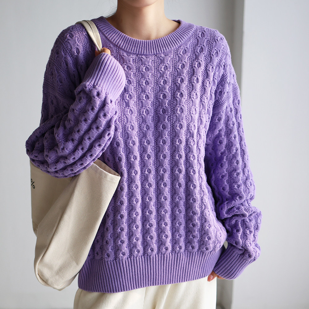 100%全棉纯棉线雾霾紫毛衣女加厚冬季麻花气质宽松秋冬针织衫粗针