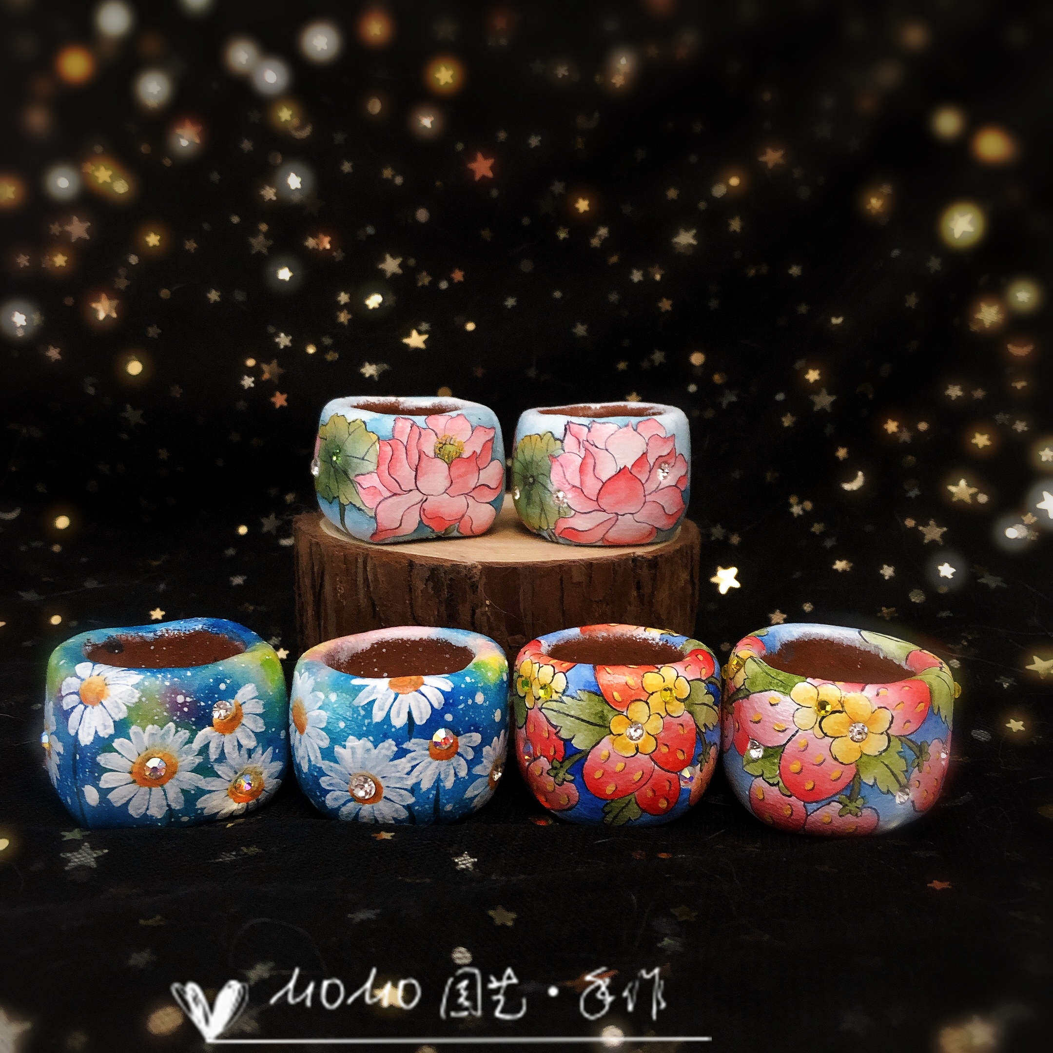 MOMO园艺手作包邮油画小雏菊花荷花草莓硅质手绘花盆多肉指姆紫砂