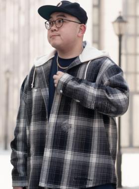 BAGGGGY大码 连帽格子衬衫 破坏灯芯绒补丁黑白格纹廓形140-260斤