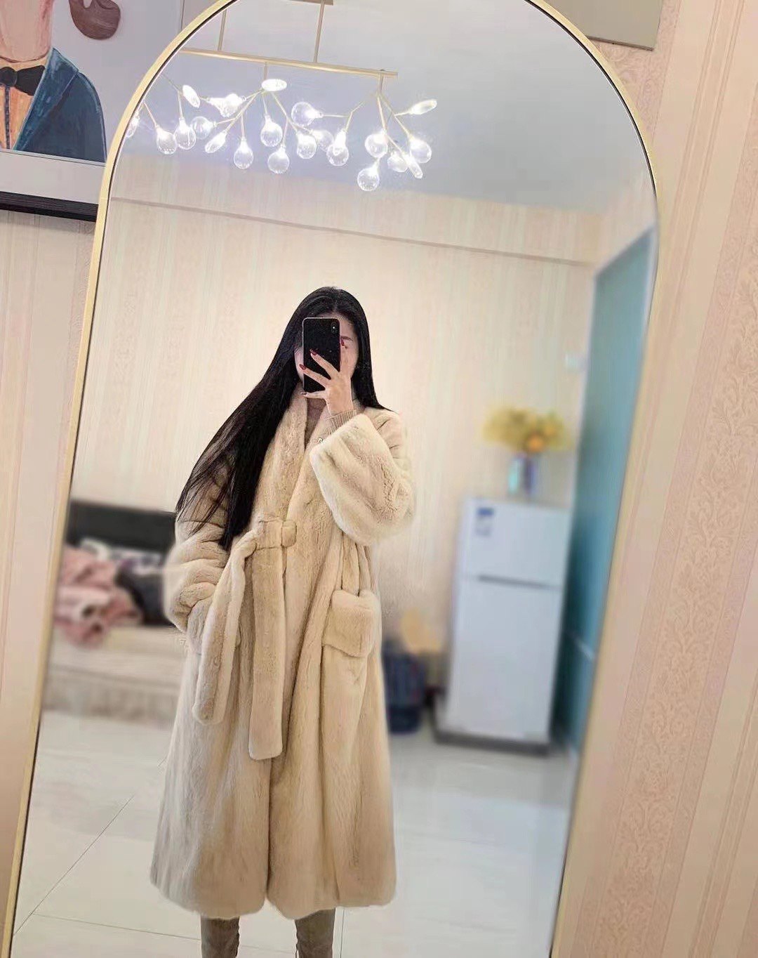 温婉软糯淑女美丽飘逸保暖性好进口本色天鹅绒珍珠色水貂